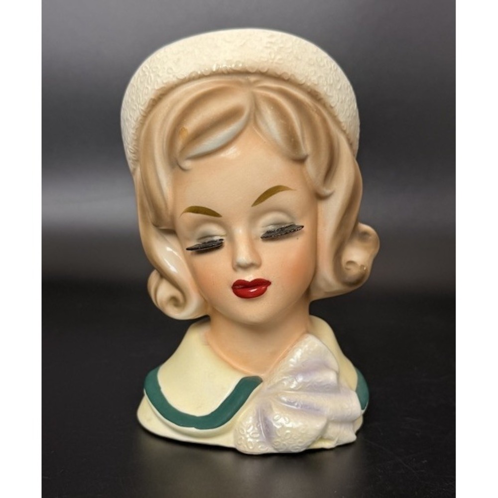 Vintage Jackie O Pillbox Hat Head Vase Trimont Lady Head Vase 6"